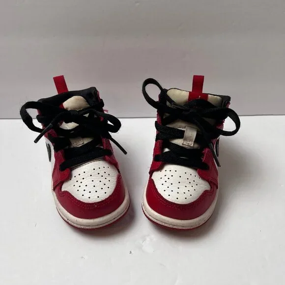 Kids Jordan 1 Red White with Black Swoosh Shoes Size 5C Black Laces - Picture 12 of 12